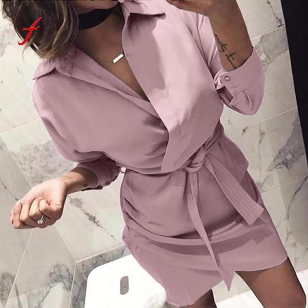 Shirt Dress 2018 Women Autumn Dress Long Sleeve Turn-Down Collar Casual T Shirt Dress 4 Colour Casual Mini Office Dress