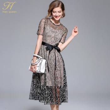H Han Queen 2018 Summer Bow Dresses Womens Fashion Slim Sexy Vestidos European Short sleeve Casual Office Party Lace Dress