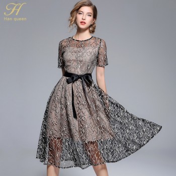 H Han Queen 2018 Summer Bow Dresses Womens Fashion Slim Sexy Vestidos European Short sleeve Casual Office Party Lace Dress