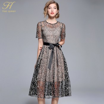 H Han Queen 2018 Summer Bow Dresses Womens Fashion Slim Sexy Vestidos European Short sleeve Casual Office Party Lace Dress