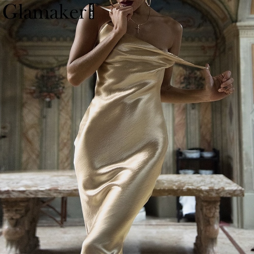 Glamaker Glod satin lace up sexy dress Women backless fashion silk long party dress Elegant club evening soft winter dress 2018