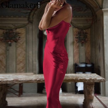 Glamaker Glod satin lace up sexy dress Women backless fashion silk long party dress Elegant club evening soft winter dress 2018