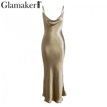 Glamaker Glod satin lace up sexy dress Women backless fashion silk long party dress Elegant club evening soft winter dress 2018