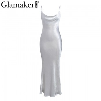 Glamaker Glod satin lace up sexy dress Women backless fashion silk long party dress Elegant club evening soft winter dress 2018
