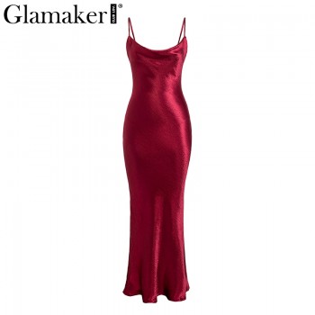 Glamaker Glod satin lace up sexy dress Women backless fashion silk long party dress Elegant club evening soft winter dress 2018