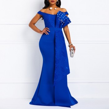 Women Off Shoulder Long Dress Sexy Mermaid Slash Neck Beads Skinny Robe Prom Evening Fashion Patchwork Lace Elegant Maxi Dresses