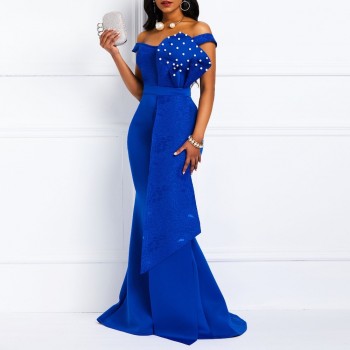Women Off Shoulder Long Dress Sexy Mermaid Slash Neck Beads Skinny Robe Prom Evening Fashion Patchwork Lace Elegant Maxi Dresses
