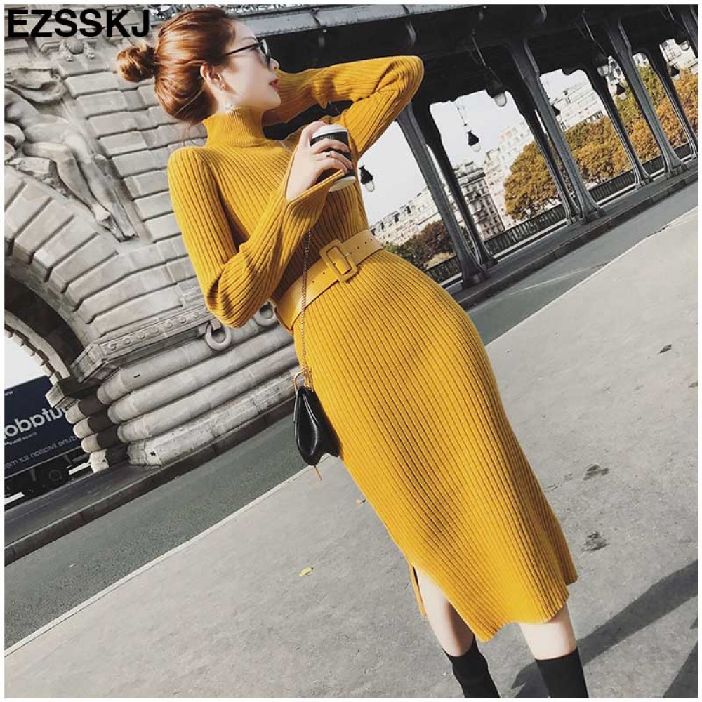 Warm Charm Women split side Sweater Dress 2018 Fall Winter Long Sexy Lurex Bodycon Dresses with belt Skinny Knitted Dress