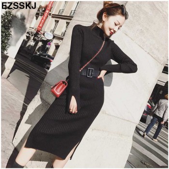 Warm Charm Women split side Sweater Dress 2018 Fall Winter Long Sexy Lurex Bodycon Dresses with belt Skinny Knitted Dress