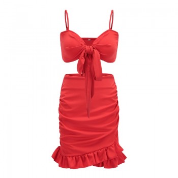 Nadafair Two Pieces Set Women Ruffles Bow Casual Beach Summer Dress Red Off Shoulder Sexy Club Bodycon Wrap Mini Party Dress