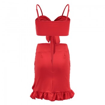 Nadafair Two Pieces Set Women Ruffles Bow Casual Beach Summer Dress Red Off Shoulder Sexy Club Bodycon Wrap Mini Party Dress
