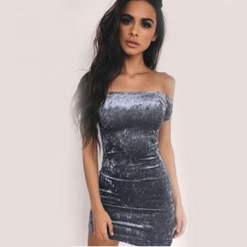 Sexy Off Shoulder Sheath Velvet Mini Dress Slash Neck Strapless Women Party Short Sleeve Elegant Pencil Bodycon Dress Vestidos