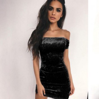 Sexy Off Shoulder Sheath Velvet Mini Dress Slash Neck Strapless Women Party Short Sleeve Elegant Pencil Bodycon Dress Vestidos