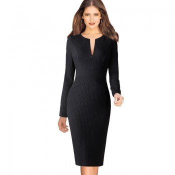 Vfemage Womens V Neck Front Zipper Long Sleeve Slim Wear to Work Business Office Party Printed Sheath Bodycon Pencil Dress 671