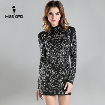 Free Shipping 2019 Sexy Geometric retro Rhinestone high-necked long-sleeved bodycon  tight dress party dress FT2838