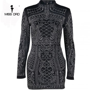 Free Shipping 2019 Sexy Geometric retro Rhinestone high-necked long-sleeved bodycon  tight dress party dress FT2838