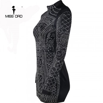 Free Shipping 2019 Sexy Geometric retro Rhinestone high-necked long-sleeved bodycon  tight dress party dress FT2838