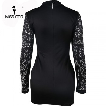 Free Shipping 2019 Sexy Geometric retro Rhinestone high-necked long-sleeved bodycon  tight dress party dress FT2838