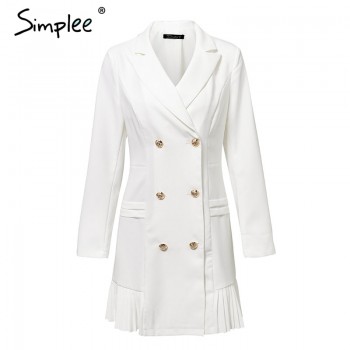 Simplee Elegant ruffle double breasted women dress Office casual blazer white dress 2018 Autumn winter slim suit ladies dresses