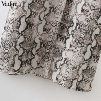 Vadim women snake print ankle length dress pockets long sleeve split pleated female casual chic dresses vestidos QA502