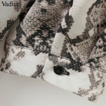 Vadim women snake print ankle length dress pockets long sleeve split pleated female casual chic dresses vestidos QA502