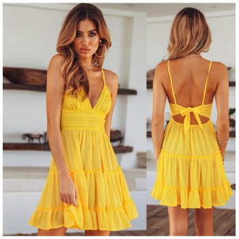 Summer Women Lace Dress Sexy Backless V-neck Beach Dresses 2018 Fashion Sleeveless Spaghetti Strap White Casual Mini Sundress