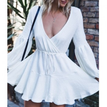 VIEUNSTA New Women V Neck Ruffle Knitted Sweater Dress Autumn Winter Lace Up Short Dresses Casual Long Sleeve Solid A-Line Dress