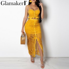 Glamaker Hollow out sexy yellow long dress Women lace ruffle button sundress Bodycon summer party dress night vestidos de festa
