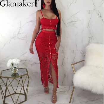 Glamaker Hollow out sexy yellow long dress Women lace ruffle button sundress Bodycon summer party dress night vestidos de festa