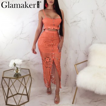Glamaker Hollow out sexy yellow long dress Women lace ruffle button sundress Bodycon summer party dress night vestidos de festa