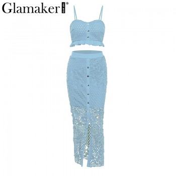 Glamaker Hollow out sexy yellow long dress Women lace ruffle button sundress Bodycon summer party dress night vestidos de festa