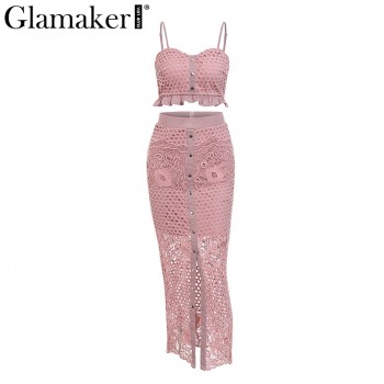 Glamaker Hollow out sexy yellow long dress Women lace ruffle button sundress Bodycon summer party dress night vestidos de festa