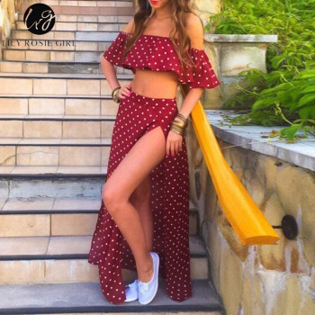 Lily Rosie Girl Women Off Shoulder Red Vintage Dot Long Dress Summer Maxi Dress Chiffon Ruffle Sexy Beach Dresses Vestidos