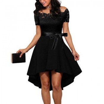 Elegant Red Lace dress Women Patchwork Slash Neck Short Sleeve Sashes Tunic Dress 2018 Summer Ladies Sexy Evening Party Dresses
