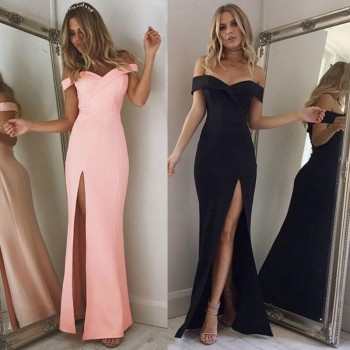 Summer New Arrival Off Shoulder Sexy Black Pink Dress 2019 Sexy Split The Fork Dress Women Elegant Slash Neck long Dress Vestido