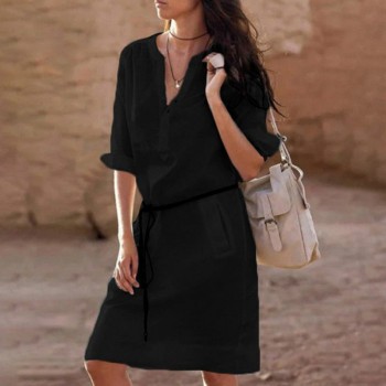 Women Summer Cotton Linen Long Sleeve V-neck Ladies  Casual Loose Short Dress Holidays Vacation Casual Solid Dress