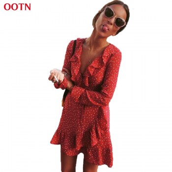 OOTN Ruffled Wrap Sun Dress Red Women Long Sleeve Mini Short Stars Dresses Vintage Tunic Female 2018 Summer Sexy Black Blue
