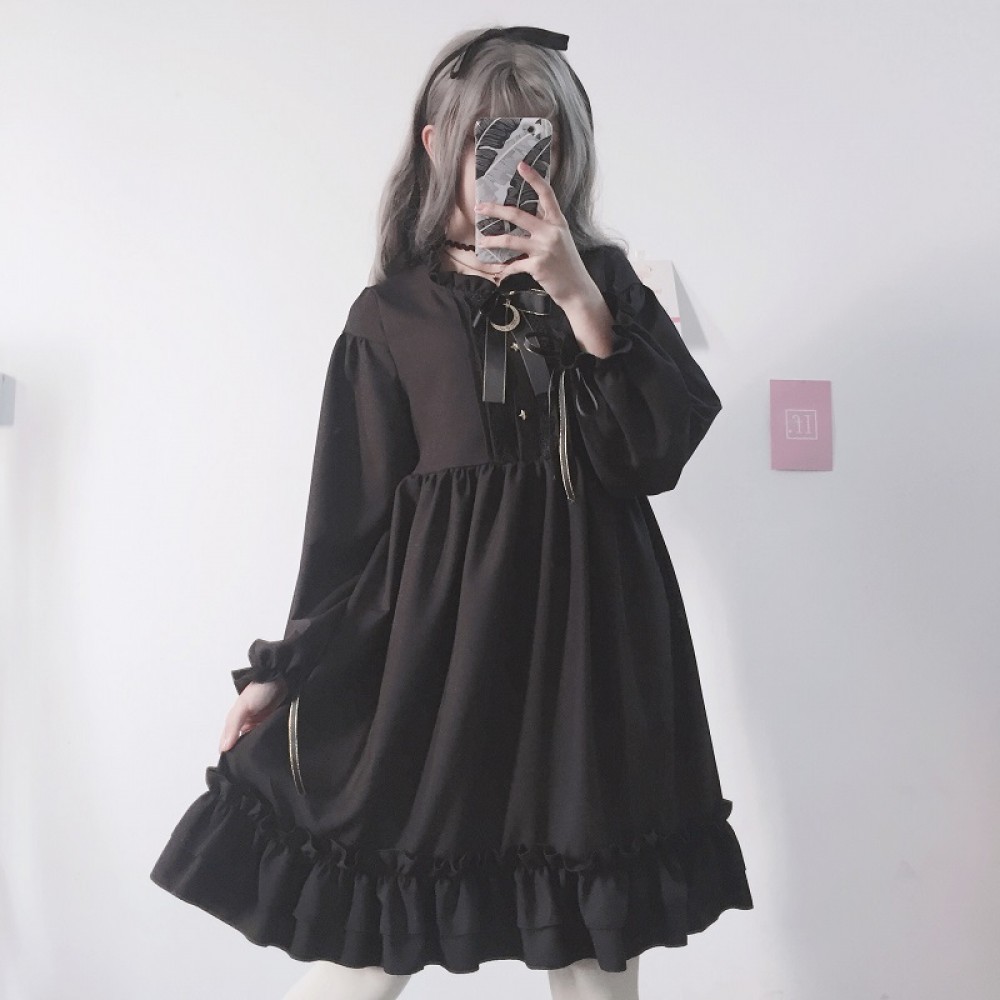 Japanese Harajuku Women Black Ruffles Dress Lantern Sleeve Lolita Style Students Dress Sweet Kawaii Cute Bow Girl Chiffon Dress