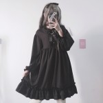 Japanese Harajuku Women Black Ruffles Dress Lantern Sleeve Lolita Style Students Dress Sweet Kawaii Cute Bow Girl Chiffon Dress
