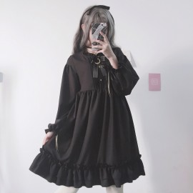 Japanese Harajuku Women Black Ruffles Dress Lantern Sleeve Lolita Style Students Dress Sweet Kawaii Cute Bow Girl Chiffon Dress