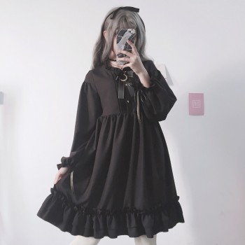 Japanese Harajuku Women Black Ruffles Dress Lantern Sleeve Lolita Style Students Dress Sweet Kawaii Cute Bow Girl Chiffon Dress