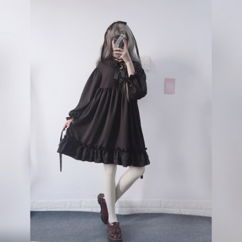 Japanese Harajuku Women Black Ruffles Dress Lantern Sleeve Lolita Style Students Dress Sweet Kawaii Cute Bow Girl Chiffon Dress
