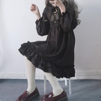 Japanese Harajuku Women Black Ruffles Dress Lantern Sleeve Lolita Style Students Dress Sweet Kawaii Cute Bow Girl Chiffon Dress