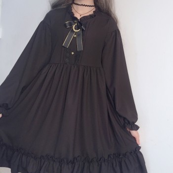 Japanese Harajuku Women Black Ruffles Dress Lantern Sleeve Lolita Style Students Dress Sweet Kawaii Cute Bow Girl Chiffon Dress
