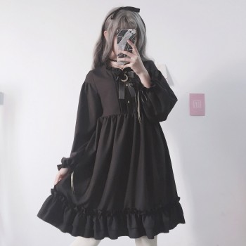 Japanese Harajuku Women Black Ruffles Dress Lantern Sleeve Lolita Style Students Dress Sweet Kawaii Cute Bow Girl Chiffon Dress