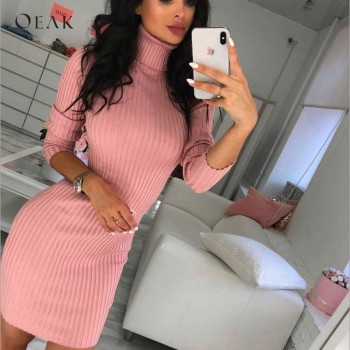 OEAK 2018 New Autumn Winter Women Knitted Sweater Dress Sexy Bodycon Slim Dress Female Turtleneck Long Sleeve Elegant Mini Dress