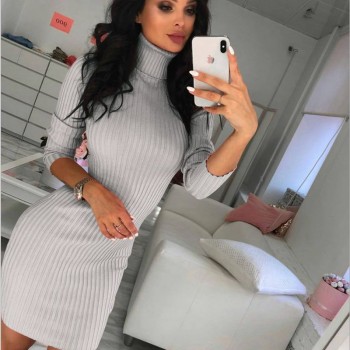 OEAK 2018 New Autumn Winter Women Knitted Sweater Dress Sexy Bodycon Slim Dress Female Turtleneck Long Sleeve Elegant Mini Dress