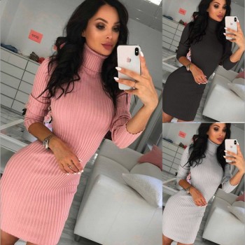OEAK 2018 New Autumn Winter Women Knitted Sweater Dress Sexy Bodycon Slim Dress Female Turtleneck Long Sleeve Elegant Mini Dress