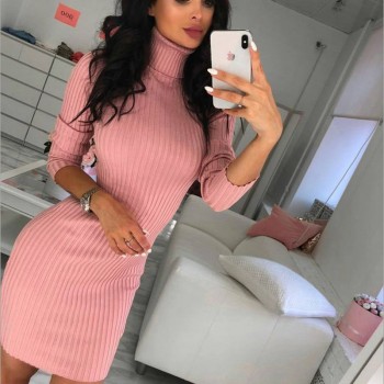 OEAK 2018 New Autumn Winter Women Knitted Sweater Dress Sexy Bodycon Slim Dress Female Turtleneck Long Sleeve Elegant Mini Dress
