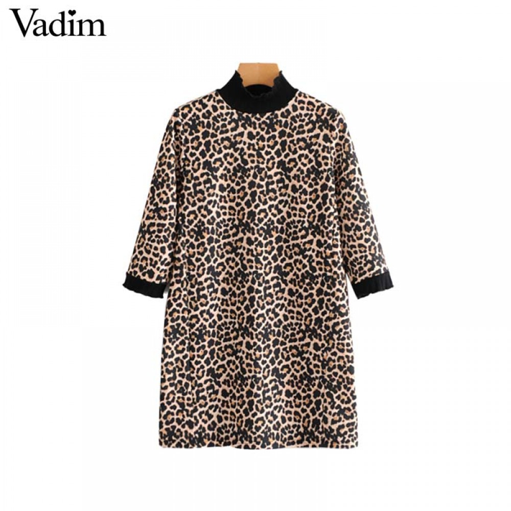 Vadim women leopard print mini dress animal pattern turtleneck half sleeve straight female casual retro dresses vestidos QA718